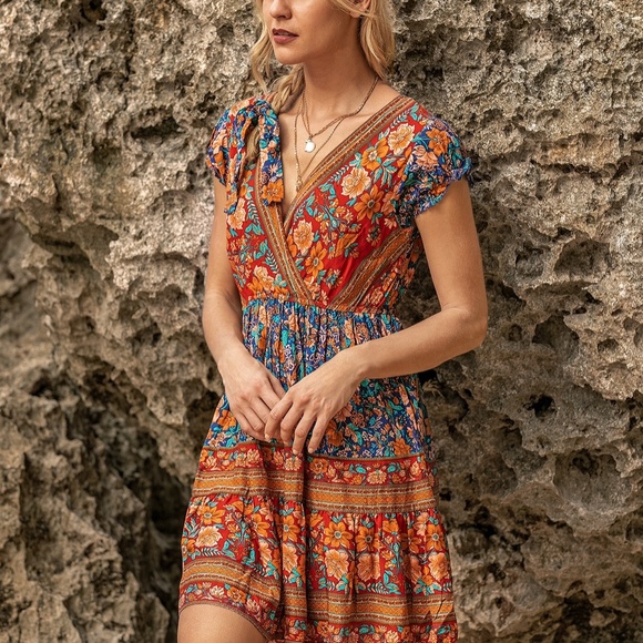 floral print v neck ruffle boho gypsy mini dress - Picture 7 of 13